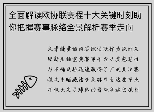 全面解读欧协联赛程十大关键时刻助你把握赛事脉络全景解析赛季走向